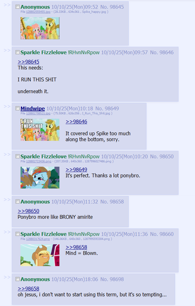 Size: 627x982 | Tagged: 4chan, applejack, artifact, brony, brony history, /co/, derpibooru import, edit, edited screencap, fandom, friendship is magic, it begins, meta, origins, plus4chan, ponybro, rainbow dash, safe, screencap, source needed, spike, text, thread, vulgar, you could have stopped it