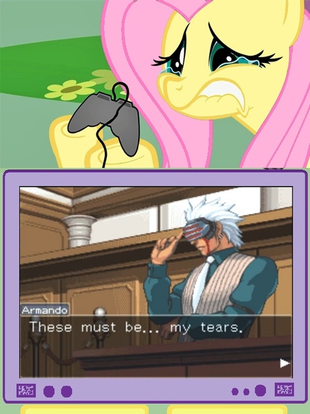 Size: 563x752 | Tagged: ace attorney, controller, crying, derpibooru import, exploitable meme, fluttercry, fluttershy, godot, meme, obligatory pony, safe, tv meme