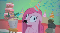 Size: 1280x718 | Tagged: safe, derpibooru import, edit, edited screencap, editor:i-shooped-a-pwny, screencap, madame le flour, mr. turnip, pinkie pie, rocky, sir lintsalot, earth pony, pony, party of one, abstract background, bucket, cake, contemplating insanity, derp, facial hair, female, floppy ears, flour, food, grin, hat, hilarious in hindsight, insanity, mare, moustache, party hat, pinkamena diane pie, rock, smiling, squee, stool, table, turnip, wide eyes