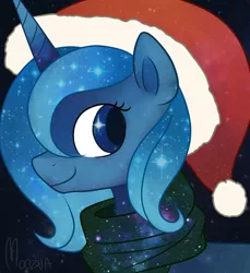 Size: 1200x1312 | Tagged: dead source, safe, artist:moozua, derpibooru import, princess luna, alicorn, pony, christmas, clothes, female, filly, hat, holiday, mare, santa hat, santa woona, scarf, solo, woona, younger