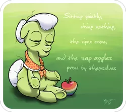 Size: 2025x1800 | Tagged: apple, artist:topgull, derpibooru import, food, granny smith, lotus position, meditating, safe, tao te ching, yoga, zap apple, zen