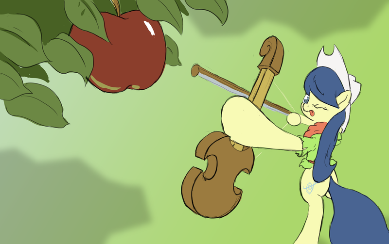 Size: 1280x804 | Tagged: apple, apple family member, archery, artist:fiddlearts, bow (instrument), derpibooru import, fiddle, fiddlesticks, fiddlesticks-answers, food, safe, tree