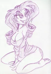 Size: 756x1090 | Tagged: artist:trollie trollenberg, barefoot, bed hair, breasts, busty rarity, curvy, derpibooru import, feet, female, human, humanized, monochrome, rarity, smiling, solo, solo female, suggestive, traditional art
