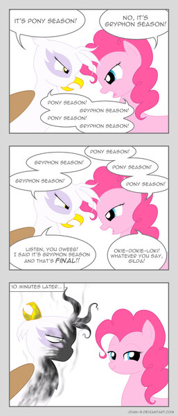 Size: 900x2100 | Tagged: safe, artist:jdan-s, derpibooru import, gilda, pinkie pie, gryphon, backwards beak, beak, cartoon physics, comic, dialogue, duck season rabbit season, looney tunes, modular, parody, scrunchy face