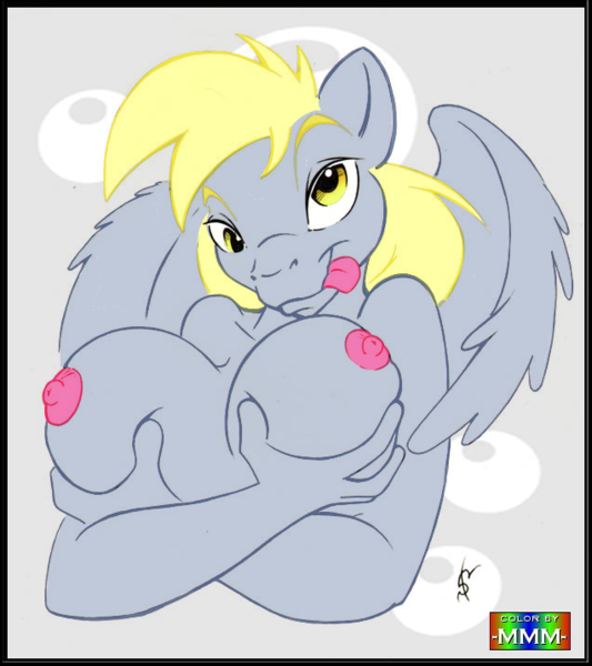 Size: 636x716 | Tagged: anthro, artist:alexspastic, artist:marmelmm, breasts, busty derpy hooves, colored, derpibooru import, derpy hooves, female, nipples, nudity, questionable