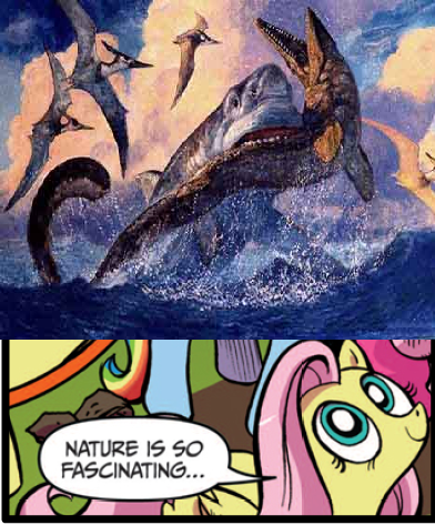 Size: 392x473 | Tagged: semi-grimdark, derpibooru import, edit, idw, fluttershy, dinosaur, mosasaur, pegasus, pony, pteranodon, shark, cretoxyrhina, exploitable meme, female, mare, meme, nature is so fascinating, obligatory pony, predation, vore