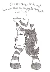 Size: 1203x1738 | Tagged: suggestive, artist:wootmaster, deleted from derpibooru, derpibooru import, mare do well, ponified, pony, the mysterious mare do well, blushing, butt, butt shake, clothes, cute, looking at you, merriwether williams, monochrome, panties, plot, socks, striped socks, striped underwear, underwear