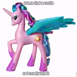 Size: 800x800 | Tagged: safe, derpibooru import, princess celestia, alicorn, pony, caption, image macro, let's fly to the castle, pinklestia, raised hoof, simple background, smiling, spread wings, text, toy, white background, wings