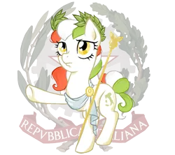 Size: 900x800 | Tagged: safe, artist:boosy, derpibooru import, oc, oc:princess stivalia, ponified, unofficial characters only, pony, /mlp/, 4chan, clothes, country, crest, emblem, female, italian, italy, laurel wreath, nation ponies, scepter, solo, toga, venerday