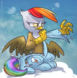 Size: 1285x1291 | Tagged: safe, artist:atryl, derpibooru import, gilda, rainbow dash, gryphon, 30 minute art challenge, clothes, cloud, cloudy, colored eyelashes, cosplay, costume