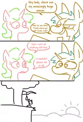 Size: 599x883 | Tagged: semi-grimdark, suggestive, artist:the weaver, derpibooru import, snails, pony, unicorn, bedroom eyes, comic, dialogue, female, hanging (by neck), imminent suicide, implied penis, large penis humiliation, male, mare, noose, reality ensues, simple background, stallion, sun, tree, white background