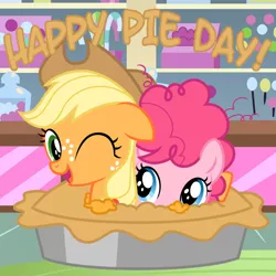 Size: 800x800 | Tagged: applejack, artist:sketchyjackie, derpibooru import, female, filly, filly applejack, filly pinkie pie, food, my little filly, pi day, pie, pinkie pie, safe, younger