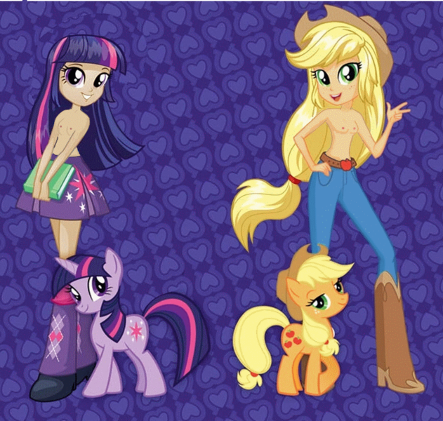 Size: 867x825 | Tagged: questionable, derpibooru import, edit, applejack, twilight sparkle, equestria girls, applejack's hat, boots, breasts, clothes, cowboy boots, cowboy hat, delicious flat chest, female, flatjack, flatlight sparkle, hat, human coloration, jeans, nipples, nude edit, nudity, pants, partial nudity, shoes, show accurate, show accurate porn, skirt, topless