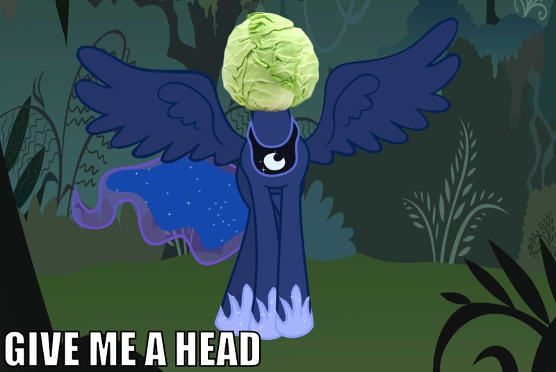 Size: 1019x681 | Tagged: cabbage, derpibooru import, food, give me a head, impact font, princess luna, safe, text