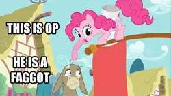 Size: 1600x900 | Tagged: safe, derpibooru import, edit, edited screencap, screencap, cranky doodle donkey, pinkie pie, donkey, earth pony, pony, a friend in deed, caption, image macro, op is a faggot, ponyville, reaction image, slur, text, vulgar