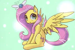 Size: 1200x800 | Tagged: safe, artist:eshredder, derpibooru import, fluttershy, parasprite, swarm of the century, :p, cute, ear fluff, green background, murder, shyabetes, simple background, sitting, smiling, solo, spread wings, tongue out, wings