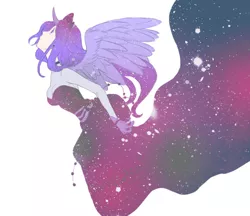 Size: 770x666 | Tagged: artist:zoe-productions, clothes, derpibooru import, dress, horn, horned humanization, human, humanized, princess luna, safe, simple background, solo, space, stars, surreal, the cosmos, winged humanization, wings