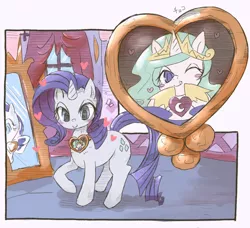 Size: 600x546 | Tagged: amulet, artist:kolshica, carousel boutique, curtain, derpibooru import, jewelry, mirror, pixiv, princess celestia, rarity, reflection, safe