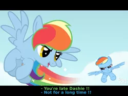 Size: 2128x1596 | Tagged: artist:arceus55, derpibooru import, dialogue, fake screencap, flying, not rainbow dash, oc, oc:rainbow bearer, rainbow dash, safe, subtitles, trail