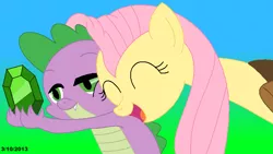 Size: 710x400 | Tagged: artist:ced75, derpibooru import, female, fluttershy, flutterspike, male, nuzzling, safe, shipping, spike, spikelove, straight