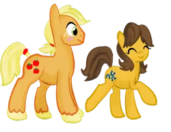 Size: 900x695 | Tagged: applejack, applejack (male), artist:sweetchiomlp, blushing, carajack, caramel, carameljack, derpibooru import, female, hatless, male, missing accessory, rule 63, safe, shipping, straight, toffee