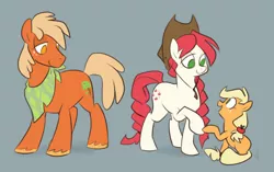 Size: 944x594 | Tagged: safe, artist:egophiliac, derpibooru import, applejack, earth pony, pony, apple delight, apple delight family, applejack's parents, bandana, father and child, father and daughter, female, filly, g1, g1 to g4, g4, generation leap, gray background, male, mother and child, mother and daughter, parent, simple background