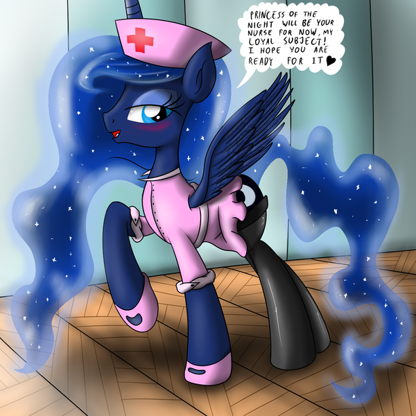 Size: 1400x1400 | Tagged: artist:ziemniax, bedroom eyes, blushing, clothes, derpibooru import, female, heart, nurse, nurse luna, princess luna, series:ziemniax's nurse ponies, solo, solo female, stockings, suggestive, thigh highs