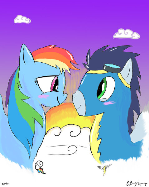 Size: 900x1130 | Tagged: safe, artist:peperoger, derpibooru import, rainbow dash, soarin', blushing, female, male, shipping, soarindash, straight