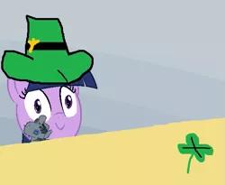 Size: 575x471 | Tagged: safe, derpibooru import, smarty pants, twilight sparkle, hybrid, mule, pony, clover, doll, exploitable meme, faic, female, filly, four leaf clover, hat, holiday, mare, meme, saint patrick's day, shamrock, solo, spilled milk, toy, younger