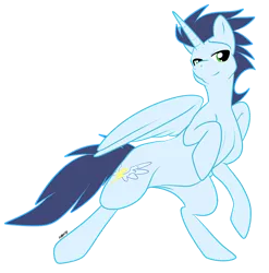 Size: 800x811 | Tagged: dead source, safe, artist:muzz, derpibooru import, soarin', alicorn, pony, alicornified, bedroom eyes, bipedal, race swap, rearing, simple background, smiling, soaricorn, transparent background