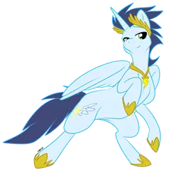 Size: 800x811 | Tagged: dead source, safe, artist:muzz, derpibooru import, soarin', alicorn, pony, alicornified, bedroom eyes, bipedal, jewelry, laurel, necklace, race swap, rearing, simple background, smiling, soaricorn, transparent background