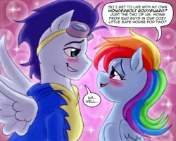 Size: 1127x900 | Tagged: suggestive, artist:pluckyninja, derpibooru import, rainbow dash, soarin', tumblr:sexy spitfire, blushing, dialogue, female, flirting, male, shipping, soarindash, speech bubble, spread wings, straight, wingboner, wings