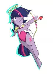 Size: 1280x1781 | Tagged: safe, artist:workingpie, derpibooru import, twilight sparkle, twilight sparkle (alicorn), alicorn, pony, arrow, bow (weapon), bow and arrow, clothes, costume, cupid, female, flying, halo, leotard, mare, one eye closed, smiling, weapon, wink