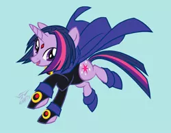 Size: 1024x796 | Tagged: artist:batangbatugan, blue background, cape, clothes, cosplay, costume, crossover, derpibooru import, raven (teen titans), safe, simple background, solo, teen titans, twilight sparkle, twiraven, voice actor joke