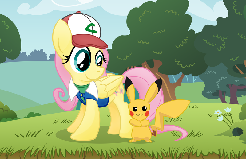 Size: 6530x4226 | Tagged: absurd resolution, artist:drawponies, crossover, derpibooru import, fluttershy, pikachu, pokémon, safe