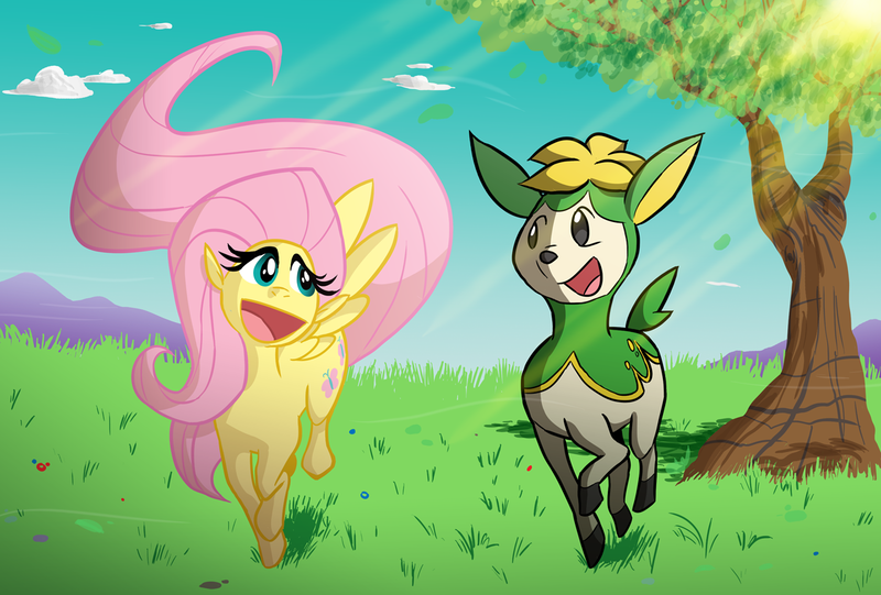 Size: 1200x812 | Tagged: artist:willdrawforfood1, crossover, deerling, derpibooru import, fluttershy, pokémon, safe