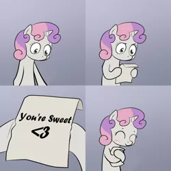 Size: 2000x2000 | Tagged: blushing, comic, derpibooru import, exploitable meme, happy, hug, meme, obligatory pony, paper, safe, sweetie belle, sweetie hugs a note, sweetie's note meme