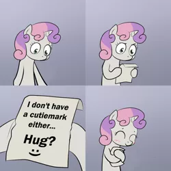 Size: 2000x2000 | Tagged: blushing, comic, derpibooru import, exploitable meme, happy, hug, meme, obligatory pony, safe, sweetie belle, sweetie hugs a note, sweetie's note meme