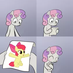 Size: 700x700 | Tagged: apple bloom, cute, derpibooru import, exploitable meme, happy, hug, meme, obligatory pony, safe, sweetie belle, sweetie hugs a note, sweetie's note meme