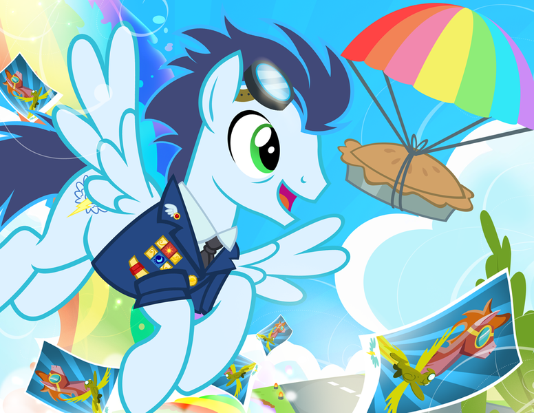 Size: 1000x773 | Tagged: artist:pixelkitties, clothes, cute, derpibooru import, flying, food, pictures, pie, pixelkitties' brilliant autograph media artwork, safe, soarin', soarinbetes, that pony sure does love pies, uniform