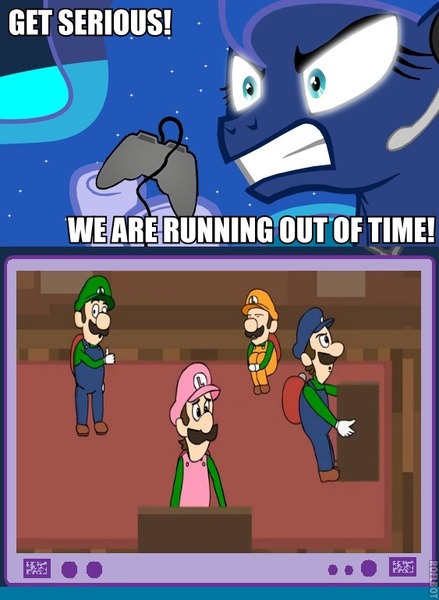 Size: 563x769 | Tagged: clone, derpibooru import, exploitable meme, gamer luna, gamer meme, human, luigi, luigi's mansion, luigi's mansion: dark moon, meme, nintendo, obligatory pony, princess luna, safe, super mario bros., tv meme