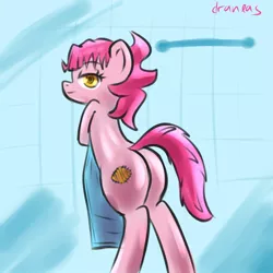Size: 1000x1000 | Tagged: suggestive, artist:draneas, derpibooru import, patch (g1), pony, my little pony tales, 30 minute art challenge, bipedal, butt, female, g1, g1 to g4, generation leap, plot, solo, solo female, towel