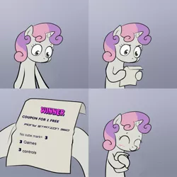 Size: 2000x2000 | Tagged: coupon, derpibooru import, exploitable meme, hug, meme, obligatory pony, safe, sweetie belle, sweetie hugs a note, sweetie's note meme, video game