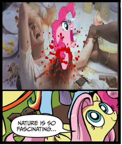 Size: 401x476 | Tagged: alien, alien (franchise), blood, chestburster, derpibooru import, exploitable meme, fluttershy, forever, grimdark, human, meme, nature is so fascinating, obligatory pony, pinkie pie, xenomorph