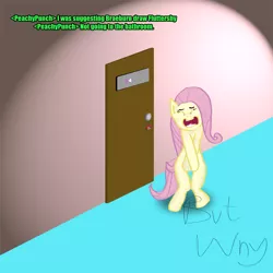 Size: 1080x1080 | Tagged: safe, artist:koribaka, derpibooru import, fluttershy, pony, bipedal, but why, desperation, dialogue, door, need to pee, omorashi, potty dance, potty emergency, potty time, text, toilet, trotting, trotting in place