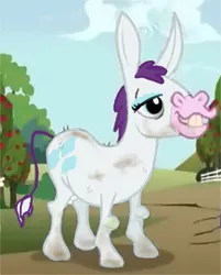 Size: 412x513 | Tagged: bucktooth, cletus, derpibooru import, dirty, edit, edited screencap, female, hybrid, mule, palette swap, rarity, recolor, safe, screencap, smiling, solo, source needed, useless source url