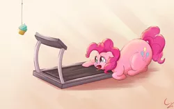 Size: 2000x1260 | Tagged: safe, artist:c-adepsy, derpibooru import, pinkie pie, pony, carrot on a stick, chubby, cupcake, exhausted, eyes on the prize, failed workout, fat, food, pudgy pie, solo, sweat, treadmill