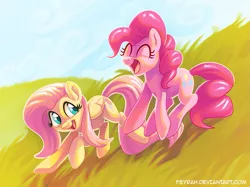 Size: 945x708 | Tagged: dead source, safe, artist:feyrah, derpibooru import, fluttershy, pinkie pie, earth pony, pegasus, pony, duo, folded wings, happy, open mouth, prancing, smiling, wings