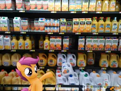 Size: 900x675 | Tagged: safe, artist:ojhat, derpibooru import, scootaloo, pony, irl, juice, orange juice, photo, ponies in real life, supermarket