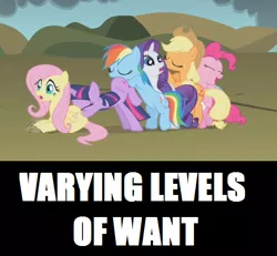 Size: 500x461 | Tagged: safe, derpibooru import, edit, edited screencap, screencap, applejack, fluttershy, pinkie pie, rainbow dash, rarity, twilight sparkle, earth pony, pegasus, pony, unicorn, dragonshy, butt touch, caption, faceful of ass, female, hoof on butt, image macro, mane six, mare, out of context, pushing, rump push, text